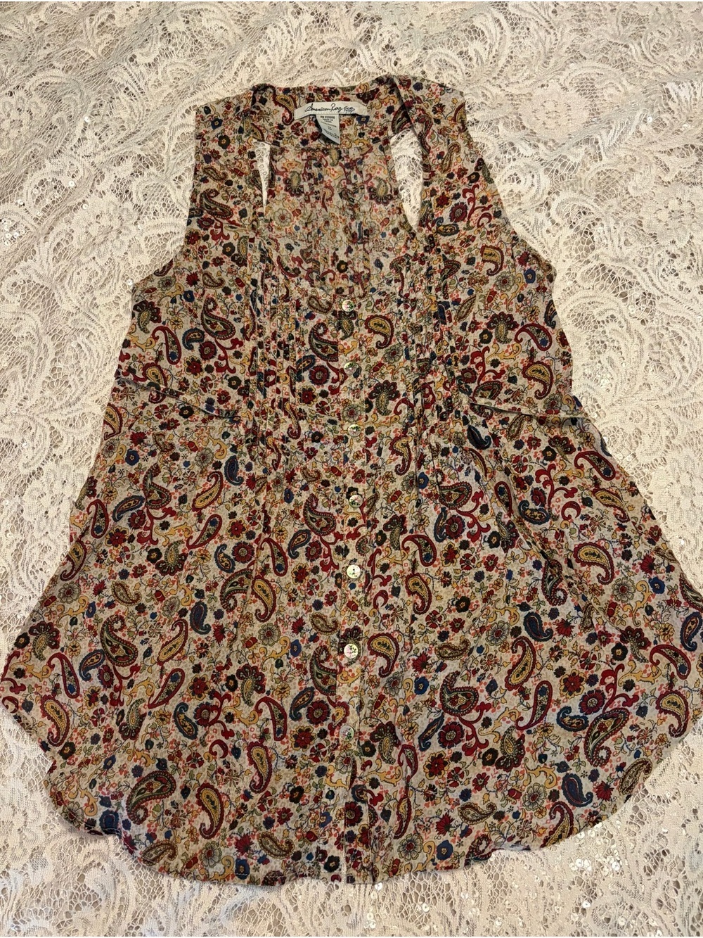 American Rag Pre-loved Beige Paisley Button-Front Tie Back Sleeveless Top Size S
